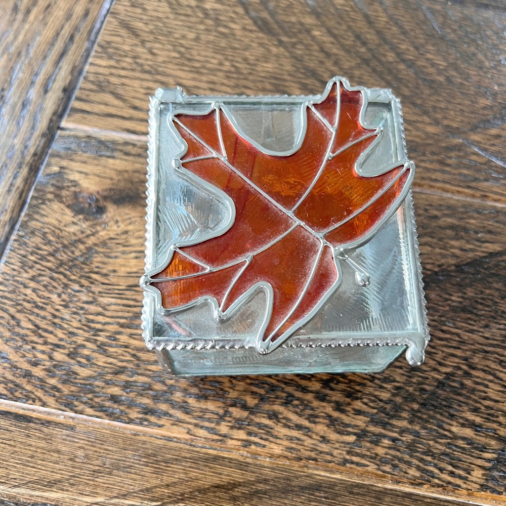 Vintage Stained Glass Maple Leaf Trinket Box Amber Fall Jewelry Keepsake Box